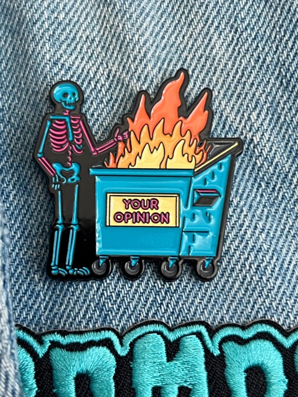 Skeleton Burning Your Opinion Dumpster Fire Enamel Pin